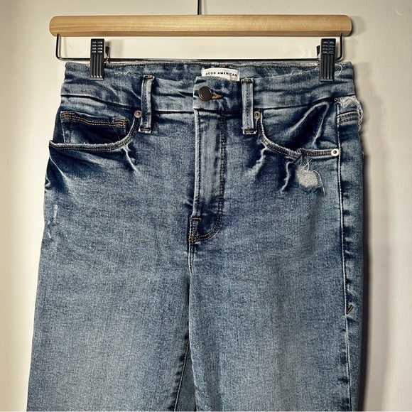 Good American High Rise Straight Leg Jeans Raw Frayed Waist Blue Size 4 / 27 - Picture 3 of 8